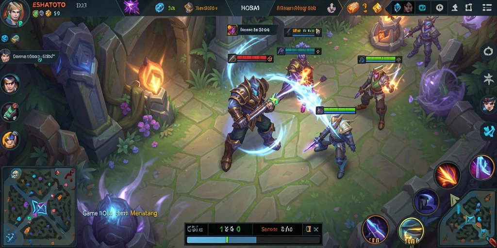 Tampilan seru gameplay MOBA ESHATOTO dengan karakter utama bertarung.