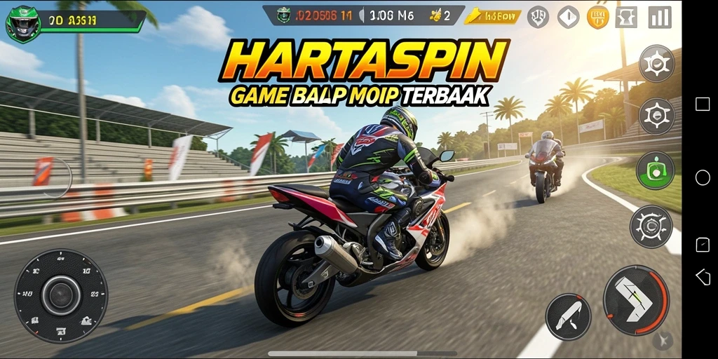 Screenshot HARTASPIN menampilkan aksi balap motor yang mendebarkan.