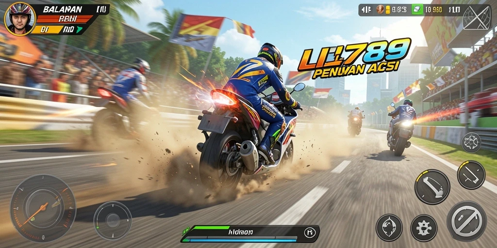 Gameplay LI789 saat balapan motor yang mendebarkan.