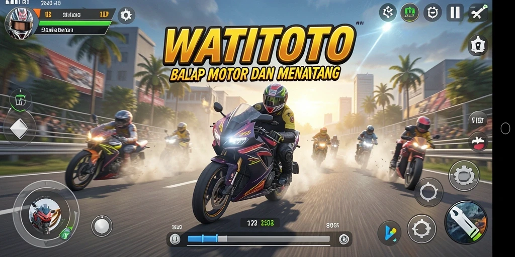 Tampilan gameplay seru WATITOTO dengan balapan motor mendebarkan.